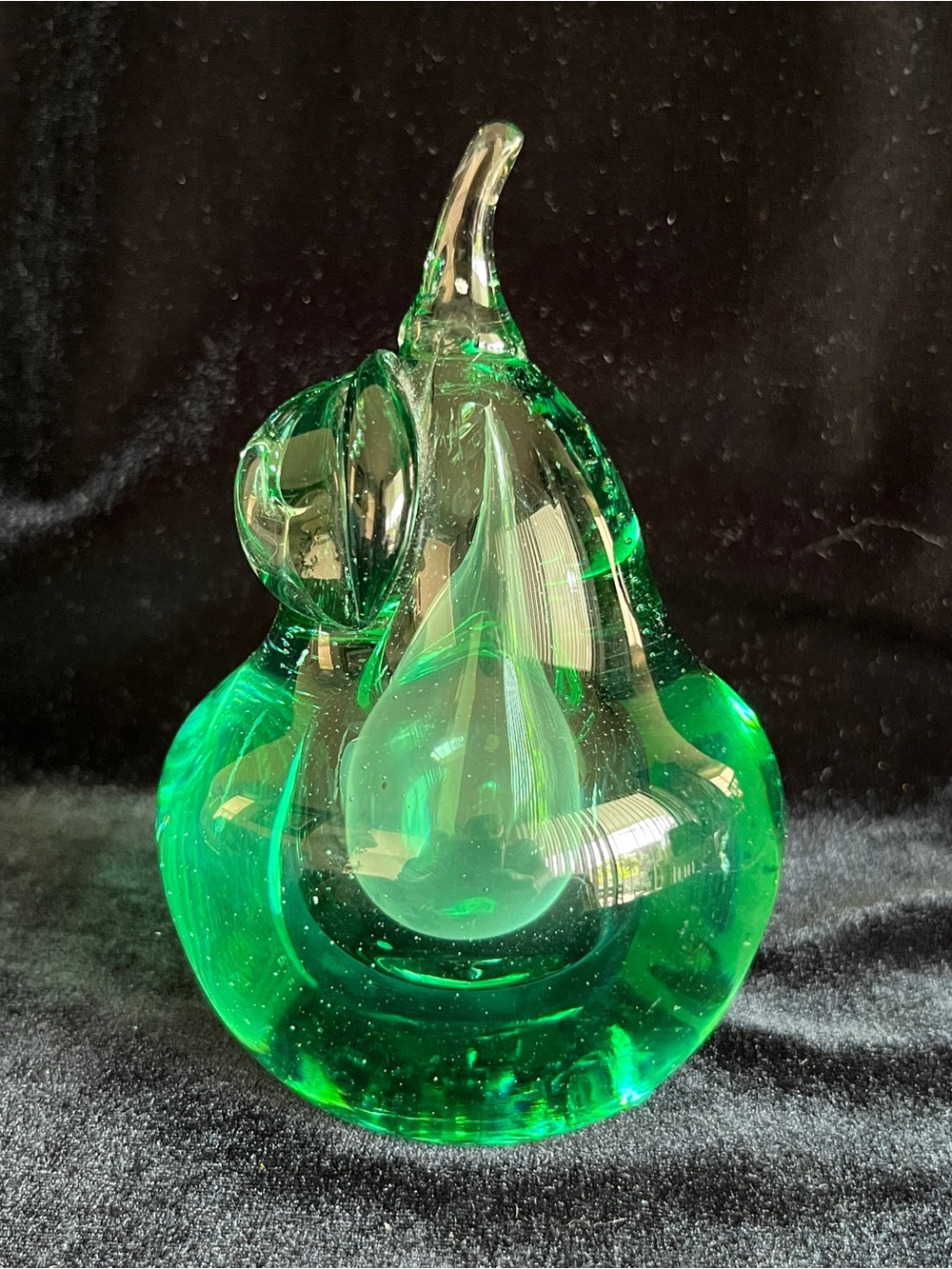 Large 6” tall Hand Blown Green Pear Paperweight Art Glass
